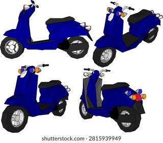 Symmetrical 3D visualization of a classic automatic moped asset depicting the front fairing with integrated turn signals, floorboard, and rear tail light casing