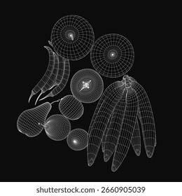 A symmetrical 3D wireframe model of assorted fruits with unique shapes and textures, arranged artistically against a black background. The vibrant colors of the fruits pop against the dark backdrop.