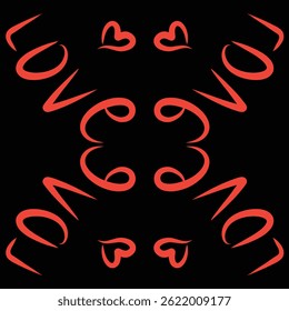 Symmetrical abstract artwork showcasing vibrant red hearts and letters, arranged creatively on a black backdrop, symbolizing love and artistic expression.