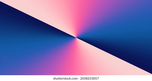 Um plano de fundo abstrato simétrico com um ponto de fuga central, dividido por uma linha diagonal aguda que separa gradientes radiantes de azul profundo e rosa vibrante.