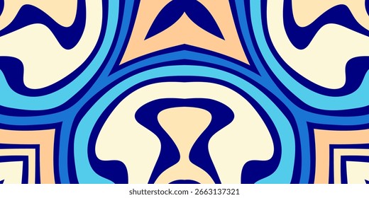 Um fundo abstrato simétrico com curvas orgânicas fluindo em uma paleta fria de azuis, creme e pêssego.