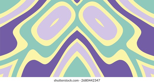 Um fundo abstrato simétrico com formas orgânicas fluindo em cores pastel como amarelo lilás e verde hortelã.