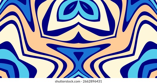 A symmetrical abstract background featuring fluid, wavy lines in a color palette of blue, peach, and cream.