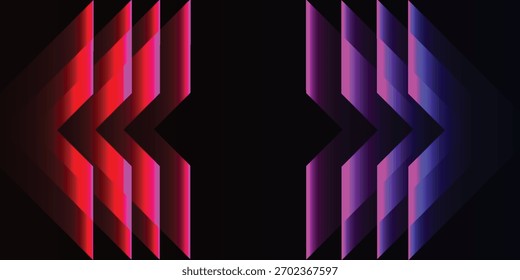 A symmetrical abstract background featuring glowing, layered chevron shapes in red, pink, purple, and blue hues against a solid black backdrop, creating a sense of depth and motion.