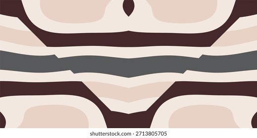 Um plano de fundo simétrico e abstrato com bandas onduladas horizontais em uma paleta de cores terrosas de marrom escuro, cinza carvão e tons variados de bege cremoso.