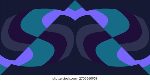 Fundo abstrato simétrico com picos e curvas espelhados e ondulados em azul escuro, azul escuro e violeta.