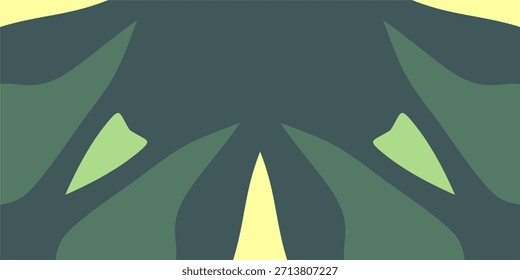 A symmetrical, abstract background featuring stylized organic shapes in a flat palette of deep teal, olive green, and pale yellow.