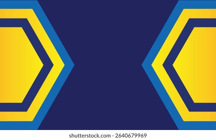 Symmetrical abstract background featuring yellow and blue hexagonal shapes on a dark navy backdrop. Ideal for business graphics, modern presentations, or technology-themed layouts.