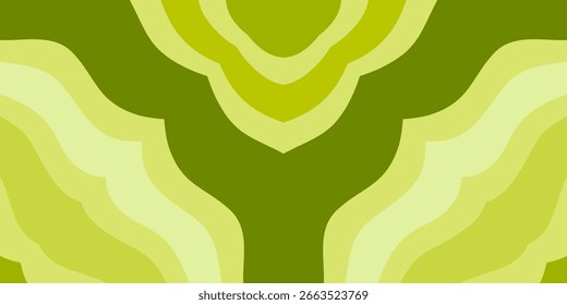 A symmetrical abstract background with layered, organic curves in shades of green, creating a groovy, retro aesthetic.