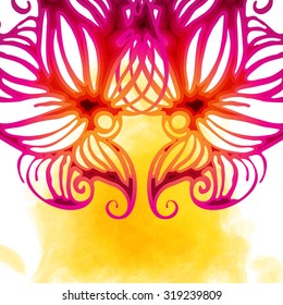 Symmetrical abstract background. Painted hands. Pink and yellow. Hot color. Background Yoga.