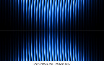 Plano de fundo abstrato simétrico com faixas de gradiente azul fino em preto. A composição centralizada cria um efeito óptico futurista, semelhante a linhas holográficas dispostas em harmonia.