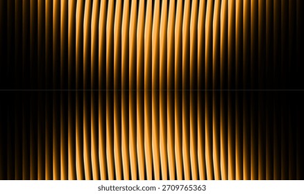 Symmetrischer abstrakter Hintergrund mit dünnen goldenen Farbverlauf-Streifen auf Schwarz. Zentrierte Komposition erzeugt einen futuristischen optischen Effekt, der holografischen Linien ähnelt, die in Harmonie angeordnet sind.