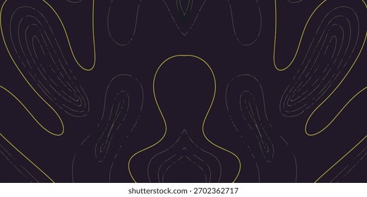 A symmetrical abstract background with thin yellow contour lines forming a central silhouette on a dark purple surface. The design is modern and minimalist.