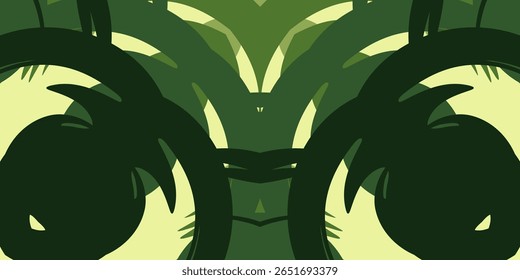 Um fundo simétrico e abstrato com vários tons de verde, sugerindo uma selva estilizada ou folhagem natural.