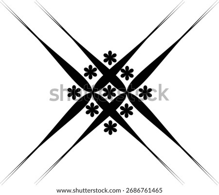 A symmetrical, abstract black and white design resembling a starburst or snowflake. The central area features small, clustered floral or snowflake motifs, radiating outwards into sharp, elongated, spi