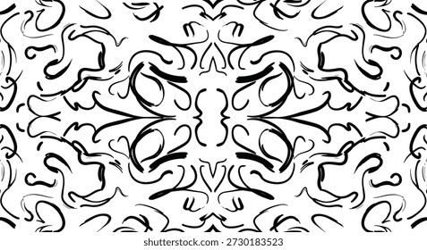Padrão simétrico abstrato de espiral preto-e-branco, linhas curvas espelhadas e floreios, ilustração de design de vetor decorativo