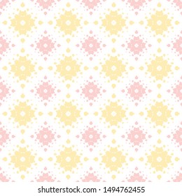 For symmetrical abstract composition. Seamless pattern of yellow, rosy and white colors.