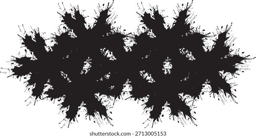 A symmetrical abstract design featuring black ink splatters forming a snowflake-like pattern.