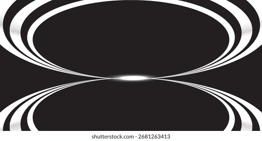 Symmetrical abstract design featuring curved white lines against a black background, converging towards a central point of light.