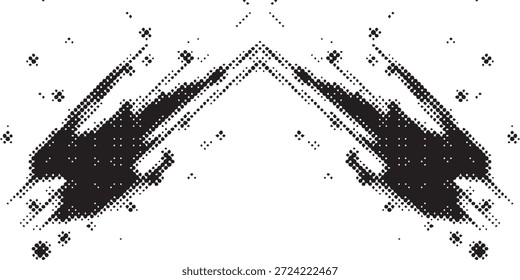Ein symmetrisches abstraktes Design mit dunklen, fragmentierten Formen, die Flügeln oder Pfeilen ähneln, vor einem weißen Hintergrund mit kleinen verstreuten Punkten.