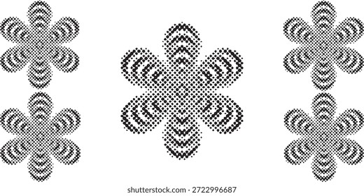 A symmetrical abstract design featuring five floral motifs, each composed of intricate black and white patterns, arranged in a visually striking composition.