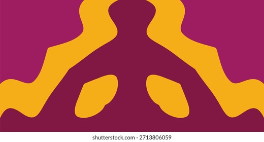 Diseño abstracto simétrico con Formas onduladas de color amarillo fluido que se reflejan entre sí contra un fondo de color borgoña profundo.