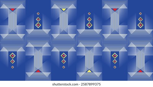 Symmetrical abstract design featuring geometric shapes in vibrant colors set against a blue background. The pattern is  intriguing, ideal for creative projects, textiles, or modern interior designs.