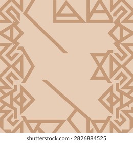 A symmetrical abstract design featuring interlocking geometric shapes and lines in a warm, neutral color palette.