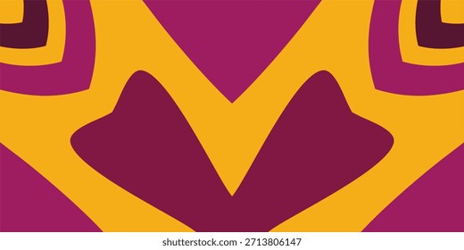 A symmetrical abstract design featuring large chevron like shapes and curves in mustard yellow, magenta, and deep maroon, reminiscent of a stylized eagle or mask.