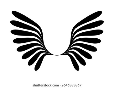 A symmetrical abstract design featuring a pair of black wings composed of multiple layered elongated feather shapes against a clean white background.
