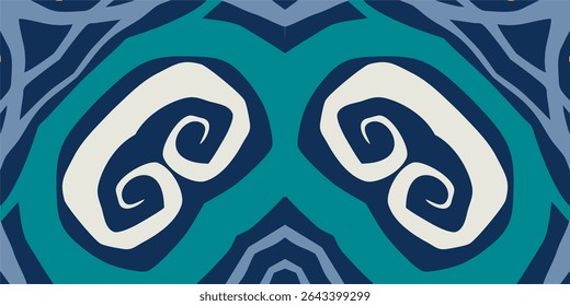 A symmetrical abstract design with flowing, organic shapes in shades of blue, teal, and off white.