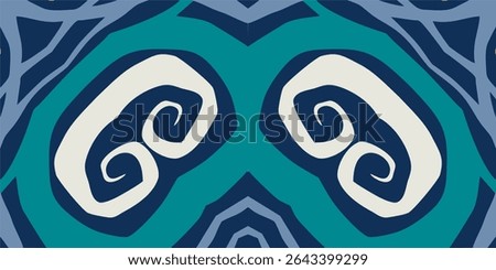 A symmetrical abstract design with flowing, organic shapes in shades of blue, teal, and off white.