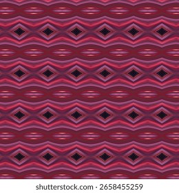 Symmetrical abstract design in pink, red, and black tones with diamond and wave elements. Ideal for fashion, interiors, or contemporary backgrounds.
