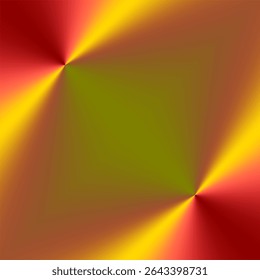 A symmetrical abstract design with a vivid gradient. Two focal points emit bright yellow beams that fade into red and green shades, creating a mirrored triangular composition. 