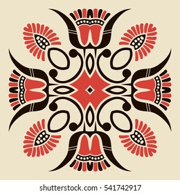 symmetrical abstract ethnic floral pattern folk painted black and red color