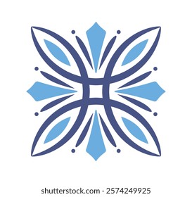 Symmetrical abstract floral decorative pattern with blue and navy shapes, curved petals, and geometric details on a white background. Vector illustration