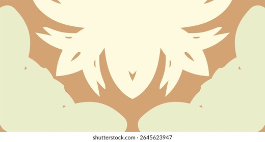 A symmetrical, abstract floral pattern in soft beige and pale green tones on a muted tan backdrop.