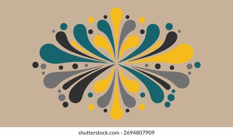 A symmetrical, abstract floral or starburst pattern with flowing shapes in teal, yellow, and gray against a neutral background.