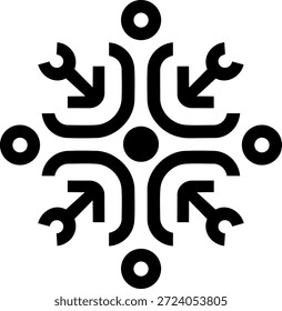 Forma abstracta simétrica construida a partir de flechas direccionales y nodos, que expresa la colaboración, el pensamiento sistémico, el trabajo en equipo y la resolución coordinada de problemas.