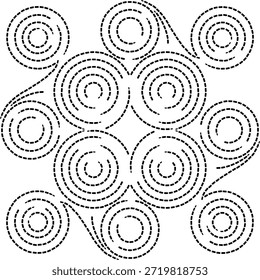 A Symmetrical, abstract, Geometric Design Element of Black Dashed Lines Spiral Motifs interconnected by sweeping tails giving the dynamic motion Effect, Stippled or Dashed Textured traditional dot art or Technical Embroidery Pattern, Meditative or mandala inspired Art or Vector Illustration, can be used as a logo for a wellness or tech brand, to create a modern embroidary pattern or as a background Element for a minimalistic website
