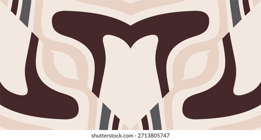 A symmetrical, abstract geometric design featuring curved, organic shapes and mirrored patterns in earth tones of brown, beige, and grey.