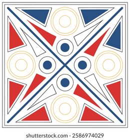 A symmetrical, abstract geometric pattern featuring overlapping triangles, circles, and lines in shades of red, blue, and gold on a white background.