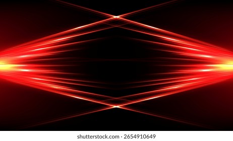 symmetrical abstract glowing composition featuring red and orange light against a black background. Ideal for modern technology visuals, captured in a futuristic and digital context