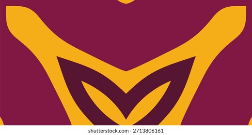 A symmetrical, abstract graphic featuring bold, curved V shapes in maroon and golden yellow.