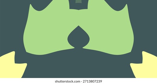 A symmetrical, abstract graphic featuring flat, organic shapes in light green and yellow against a dark slate blue background.