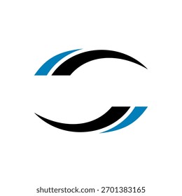 Un diseño de logotipo abstracto simétrico con dos Elementos curvos negros y azules sobre un fondo blanco.