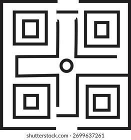 Symmetrical Abstract Maze Pattern with Concentric Squares Geometric Line Art Vector Illustration