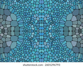 A symmetrical abstract mosaic pattern in shades of blue, resembling stained glass with irregularly shaped tiles.


