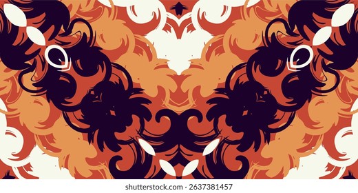 A symmetrical abstract ornamental background featuring swirling floral shapes in warm orange, dark purple, and cream tones.