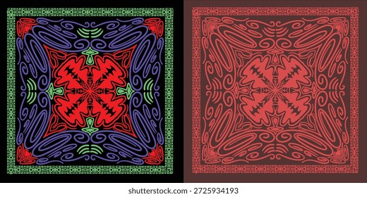 Padrão ornamental abstrato simétrico com cores neon, linhas geométricas e estilo psicodélico em fundo escuro.